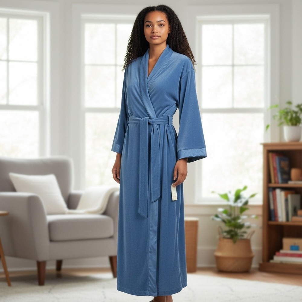 Vintage Vanity Fair ~ Shevelva Robe ~ Womens Large Blue Velvet‎ Long Wrap  NWT